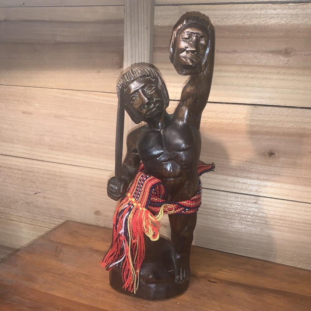 Tribal Headhunter Warrior Wooden Sculpture Holding Severed Head With Machete 12"